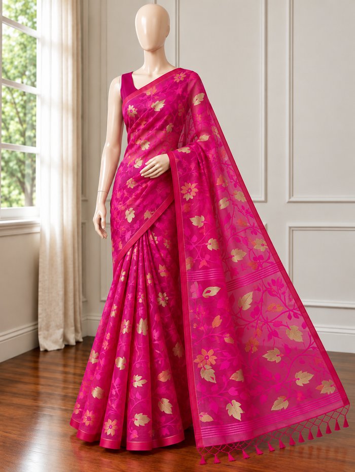 RANIR SAJ- Rani pink muslin jamdai with zari work comes with blouse piece