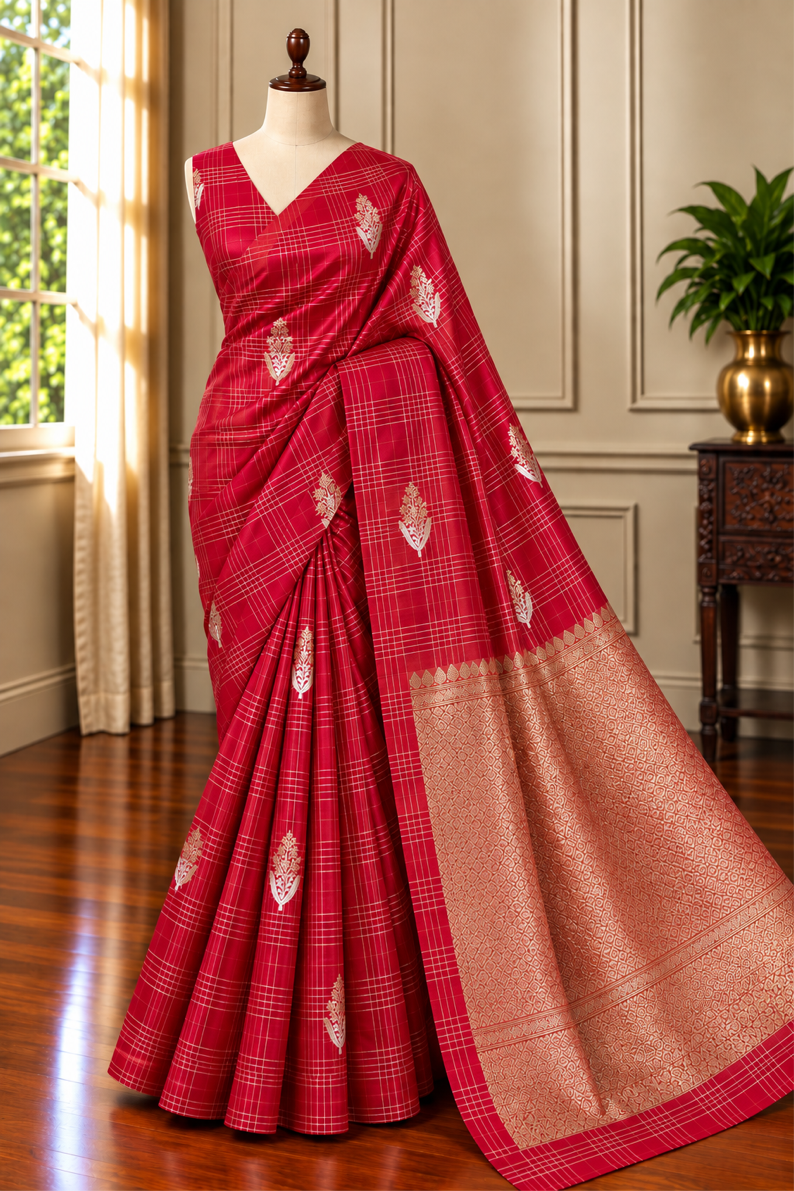 RED CRIMSON ZARI - Deep Red with pink undertone check gold zari work comes with blouse piece
