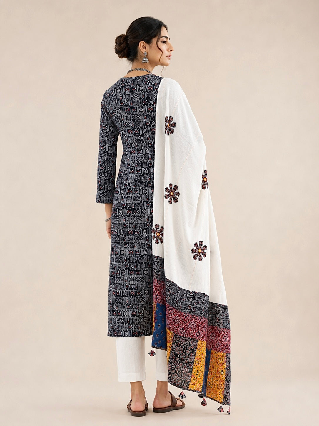 Abhira Black White Patchwork-3 Piece Suit Set