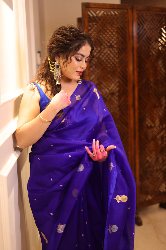 SAPPHIRE KORA- Deep royal blue / violet blue base comes with blouse piece