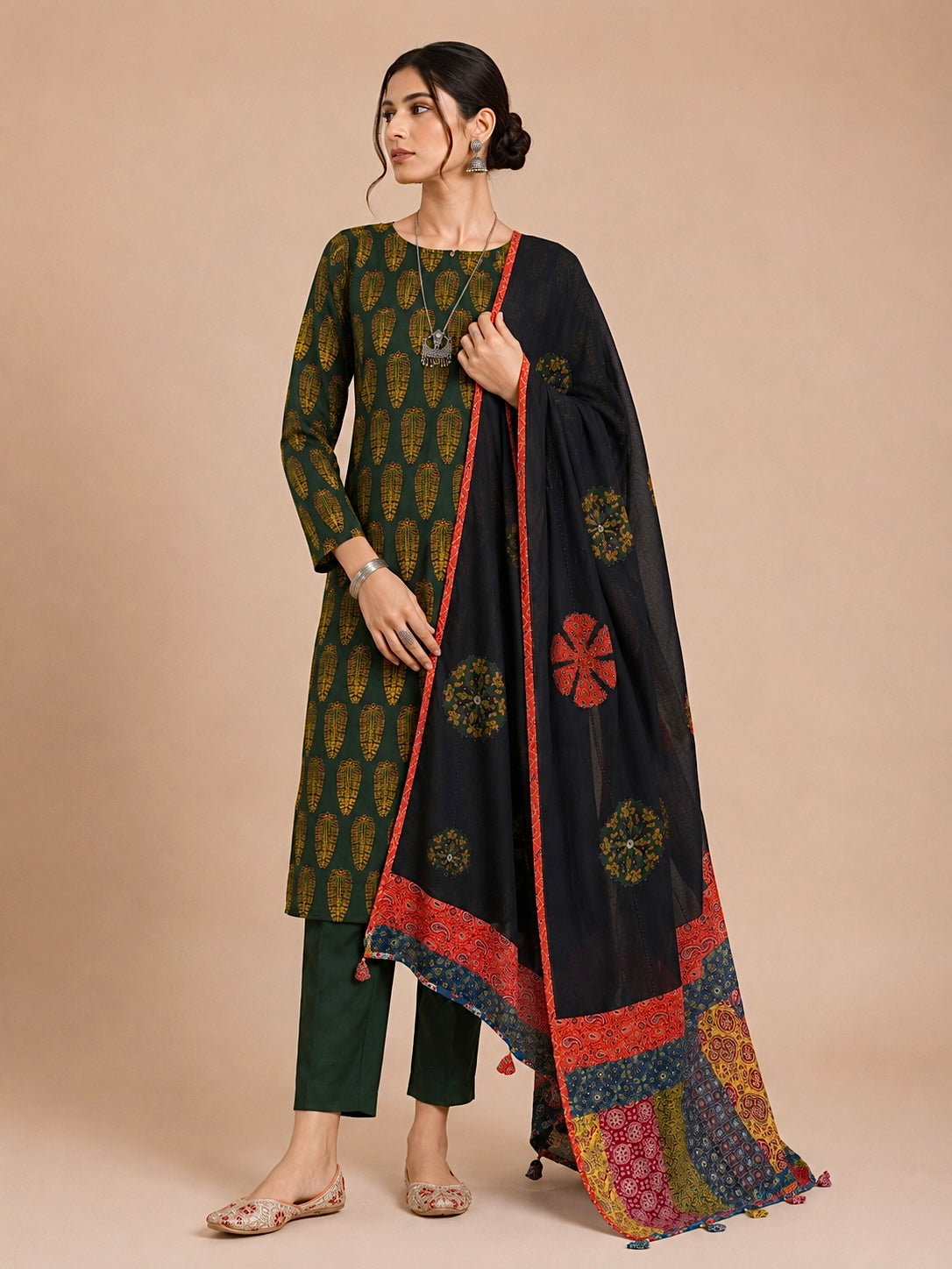 Abhira Green Black Patchwork-3 Piece Suit Set