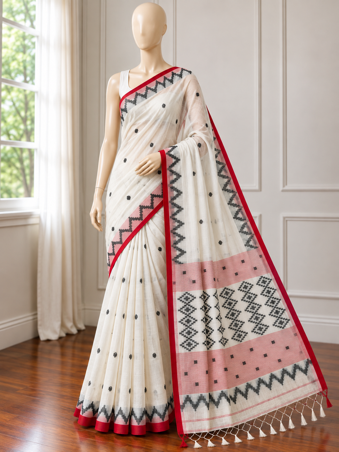 SHADA LAL- White muslin jamdani handwork comes with blouse piece