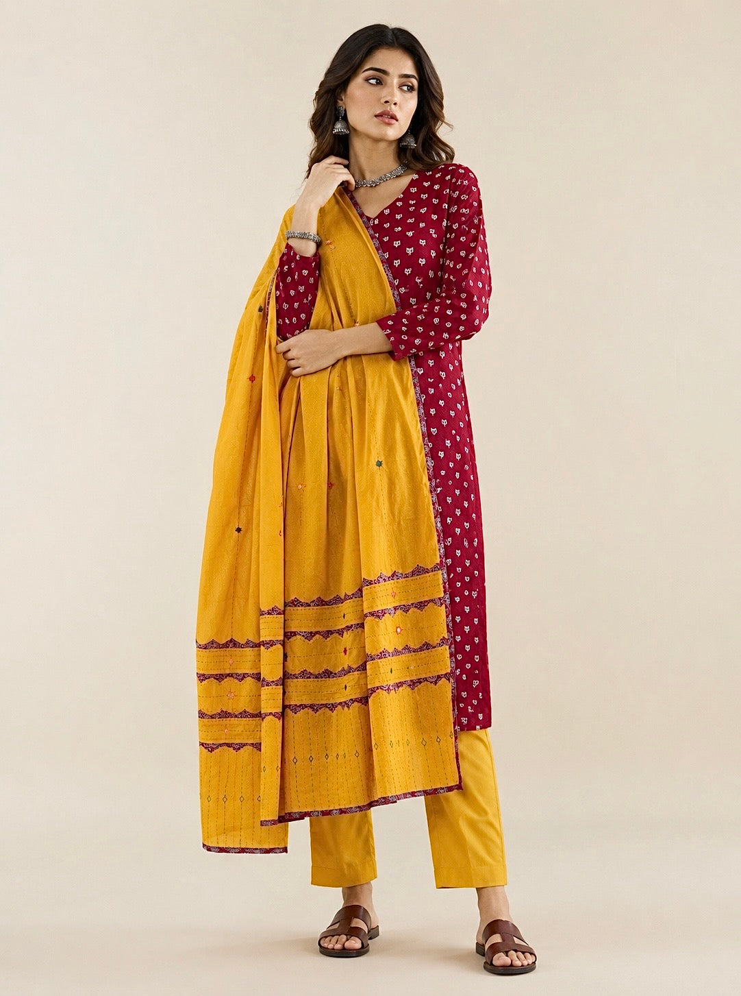Abhira Red Yellow Patchwork-3 Piece Suit Set