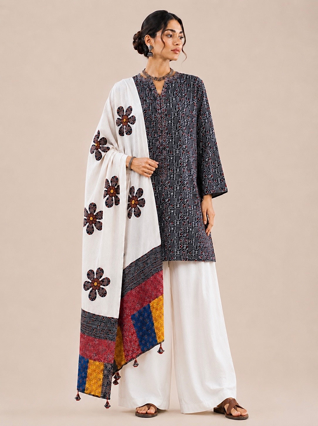 Abhira Black White Patchwork-3 Piece Suit Set