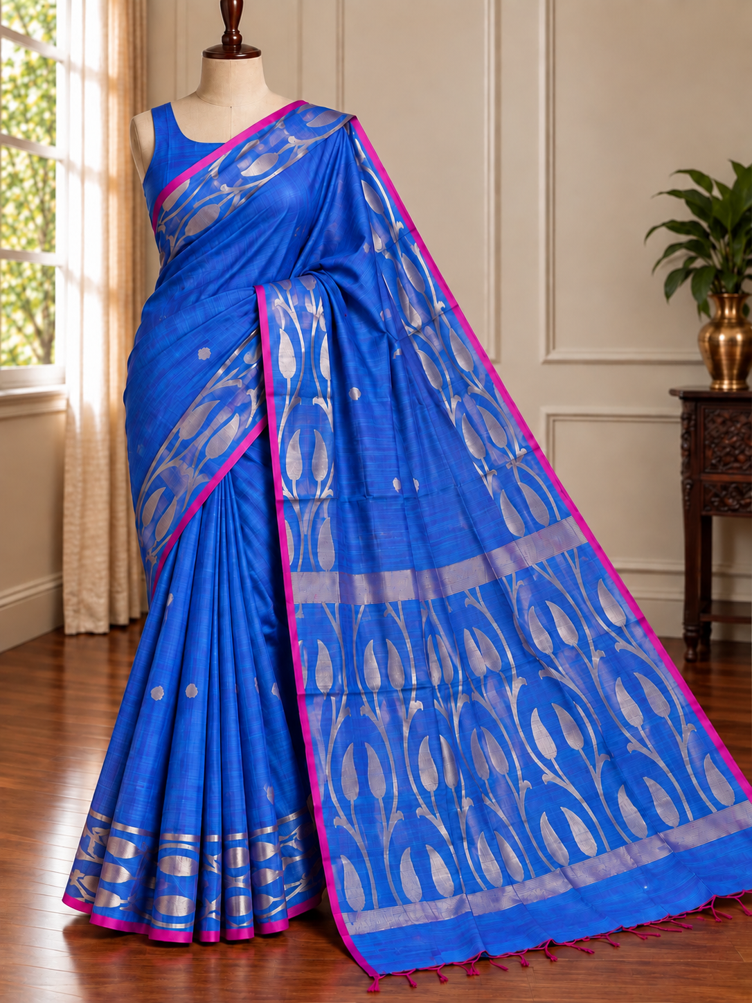 INDRA NEEL - Blue cotton silk saree with zari work comes with blouse piece.