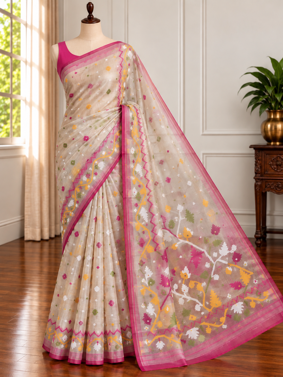 DUDH ALTA - Cream muslin jamdani hand weaving comes with blouse piece