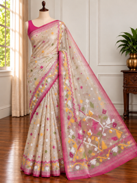 DUDH ALTA - Cream muslin jamdani hand weaving comes with blouse piece