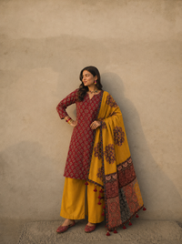 Abhira Red Yellow 2 Patchwork-3 Piece Suit set
