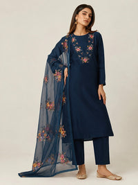 Blue Rose Petal Mul Chanderi-3 Piece Suit Set