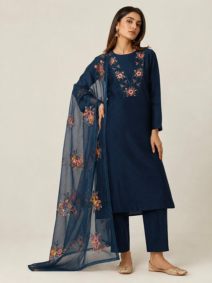 Blue Rose Petal Mul Chanderi-3 Piece Suit Set