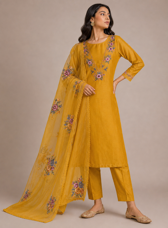 Sunlit Yellow Mul Chanderi-3 Piece Suit Set