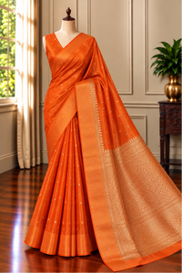 ORANGE ZARI - Orange gold zari work comes with blouse piece