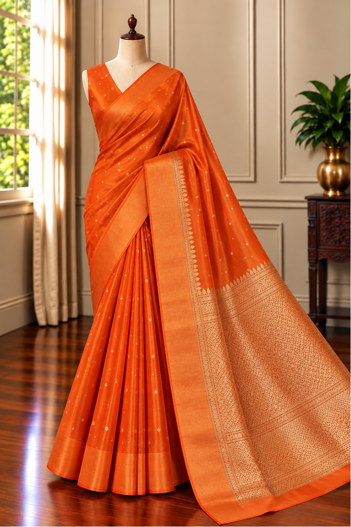 ORANGE ZARI - Orange gold zari work comes with blouse piece