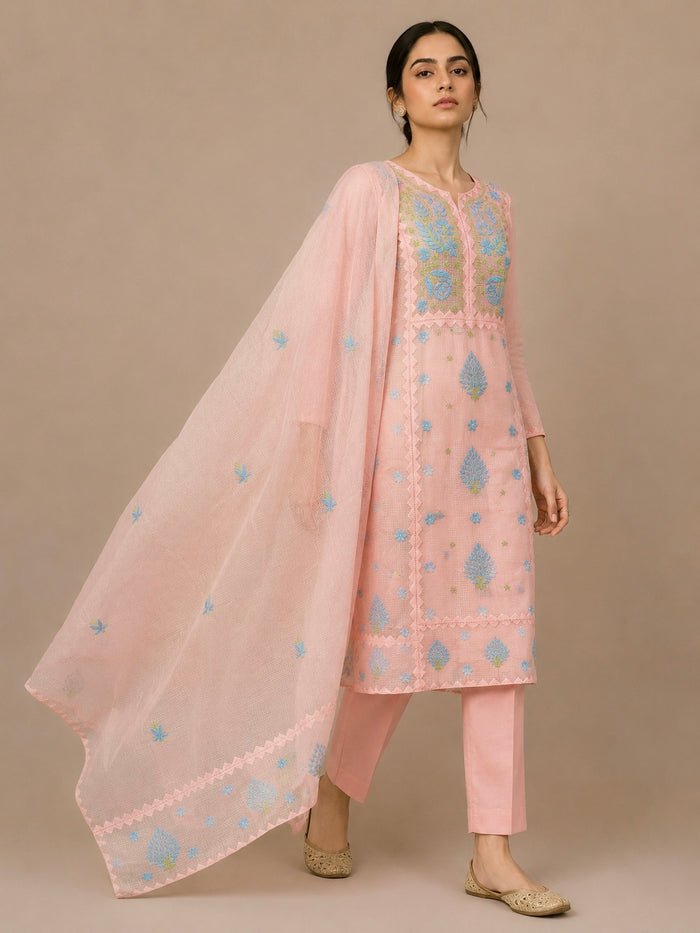 Meher Peach Kota Cotton-2 Piece Suit Set