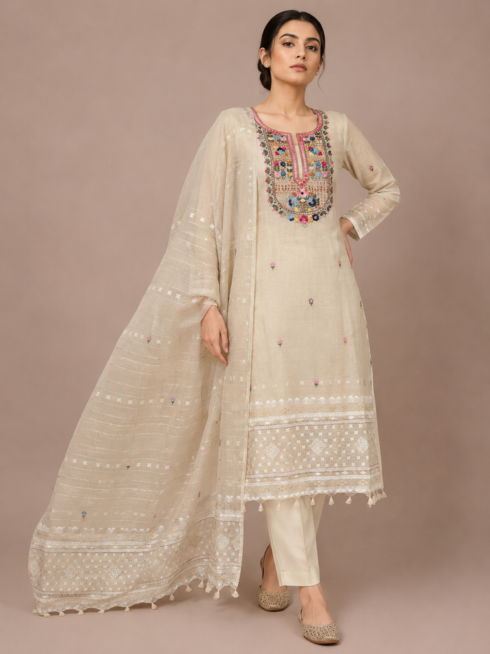Ivory Linen-3 Piece Suit Set