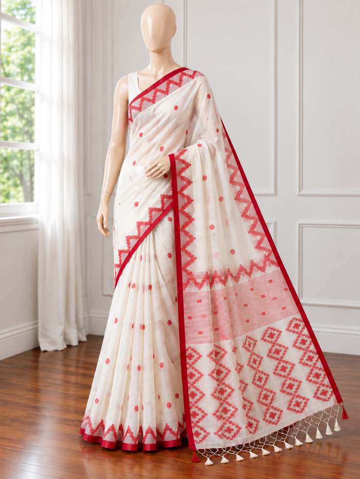 LAL PAAR- White muslin jamdani handwork comes with blouse piece