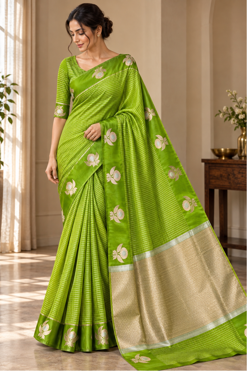 EMERALD BLOOM -Green with gold zari work comes with blouse piece