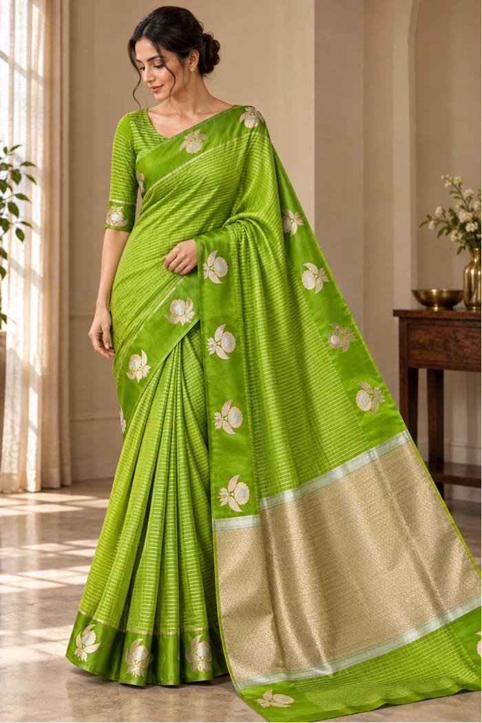 EMERALD BLOOM -Green with gold zari work comes with blouse piece
