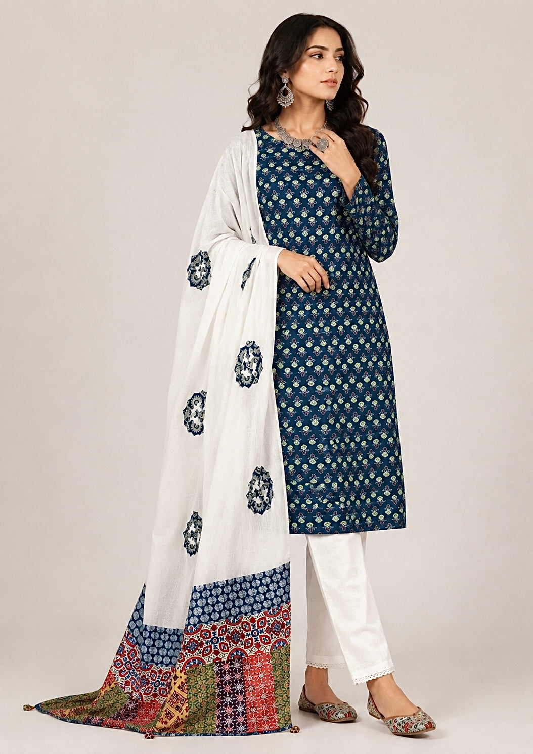 Abhira Blue White Patchwork-3 Piece Suit Set