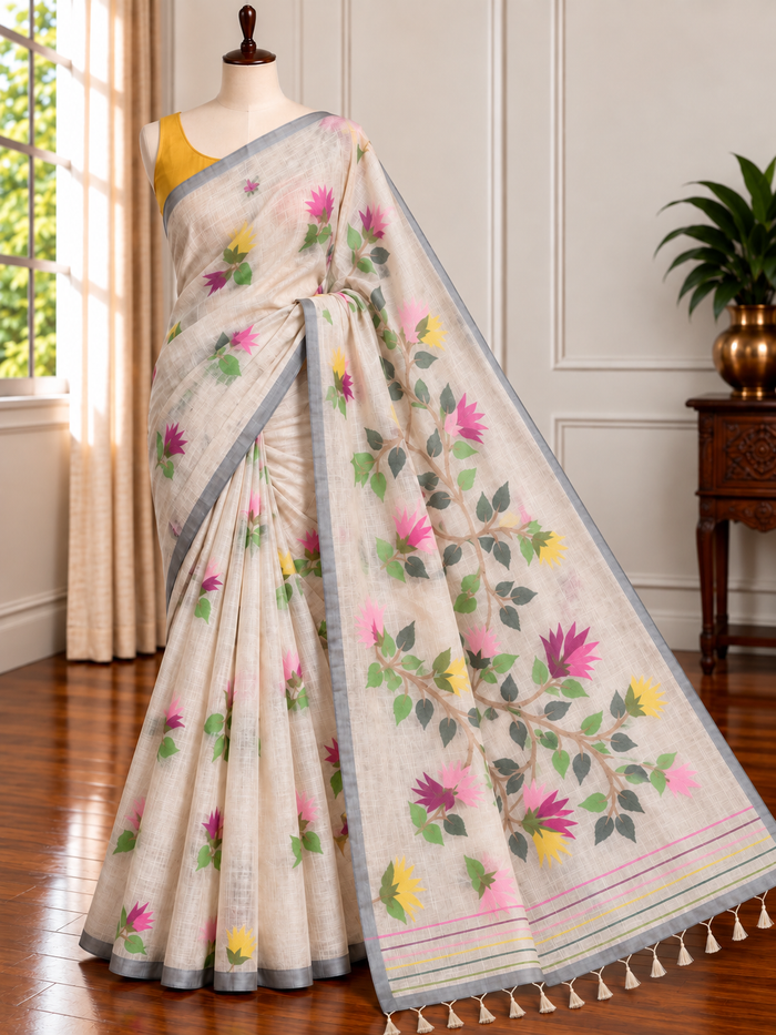 SADA PHOOL - Cream muslin jamdani hand weaving comes with blouse piece