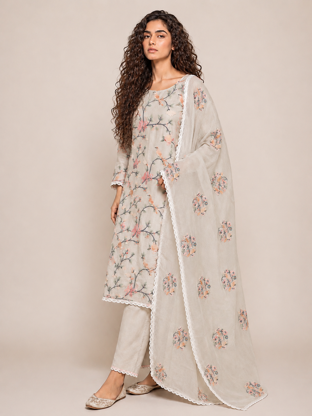 Cremish White Bird-3 Piece Suit Set