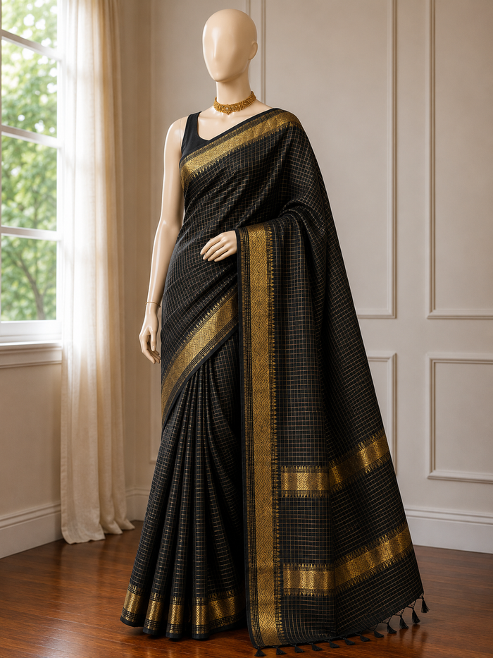 KALO MEGH- Black cotton silk saree with gold checks & woven temple border comes with blouse piece.