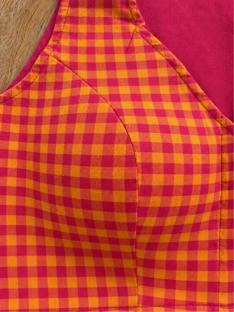 ORANGE AND RED CHECK COTTON BLOUSE
