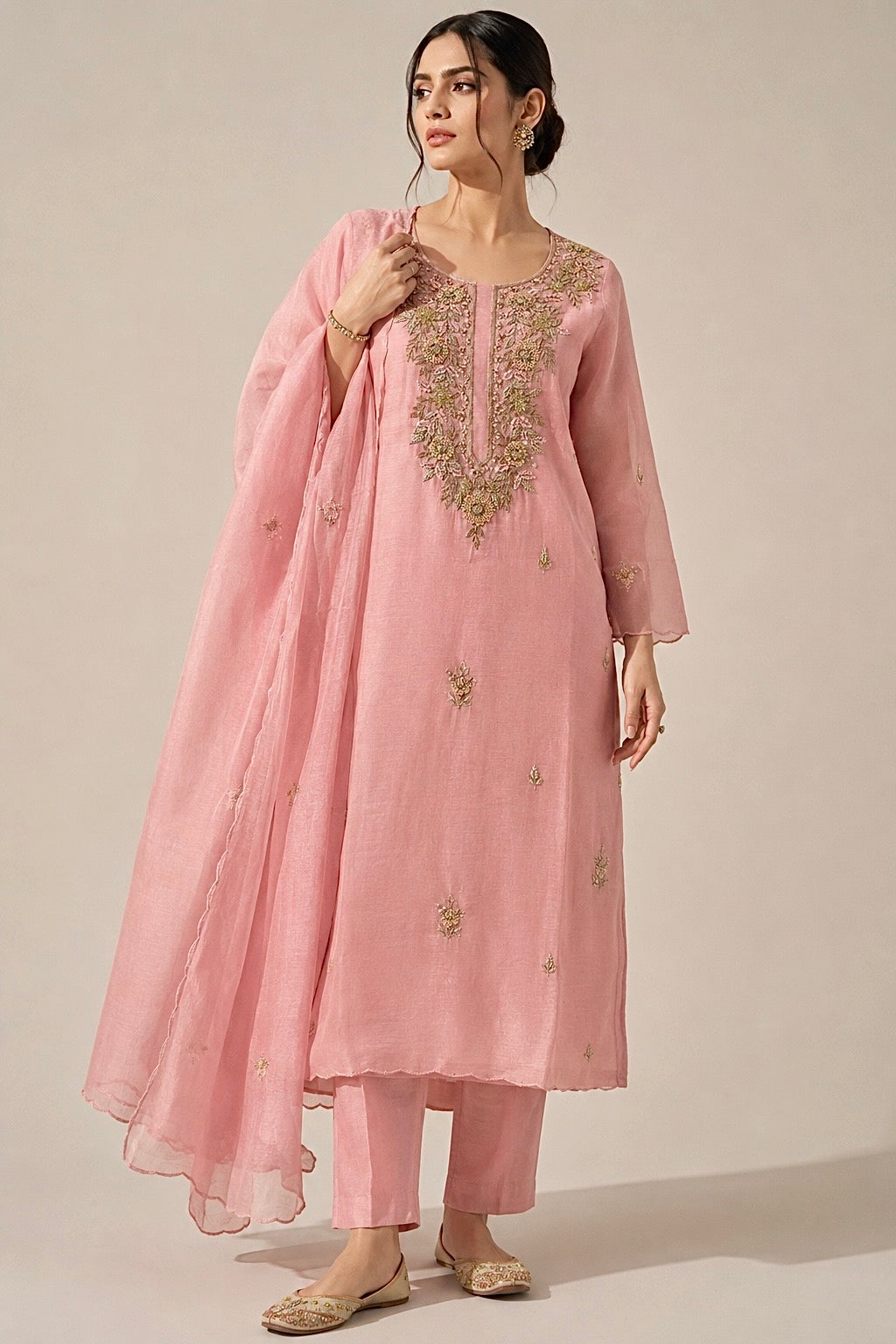 Orangish Mul Chanderi-3 Piece Suit Set
