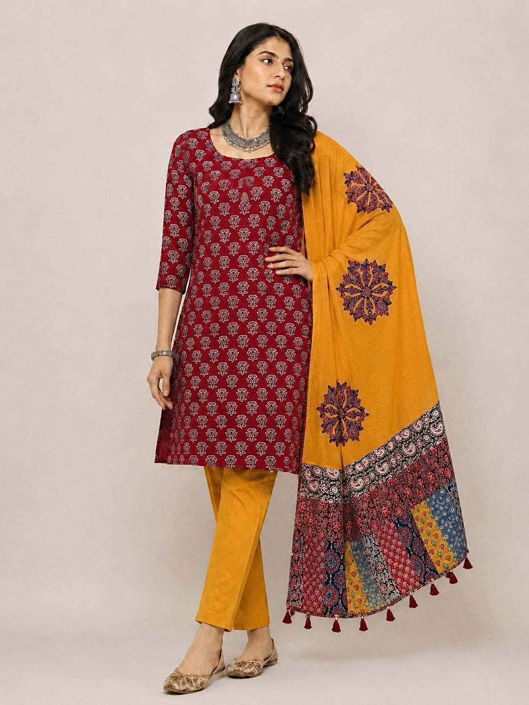 Abhira Red Yellow 2 Patchwork-3 Piece Suit set