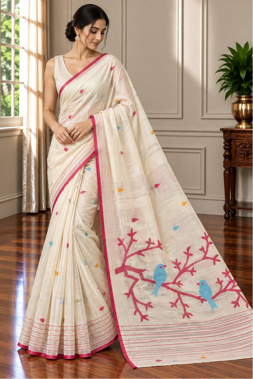 WHITE RED SOFT COTTON- Comes with blouse piece