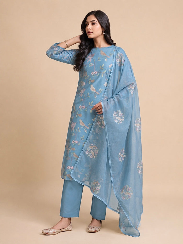Bluish Pink Bird-3 Piece Suit Set