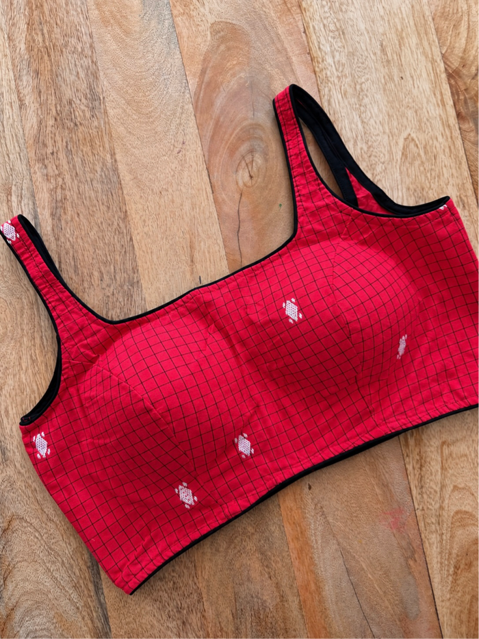RED AND BLACK CHECK COTTON BLOUSE