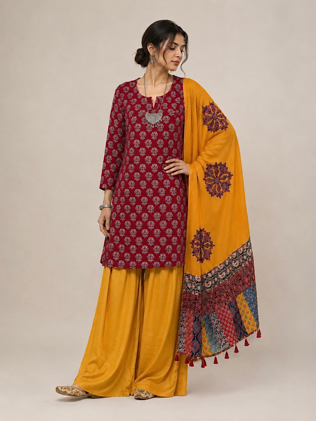 Abhira Red Yellow 2 Patchwork-3 Piece Suit set