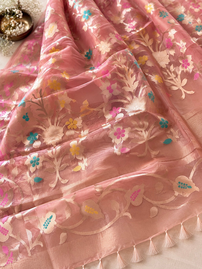SHONALI PHOOL- Orange muslin jamdani zari work comes with blouse piece
