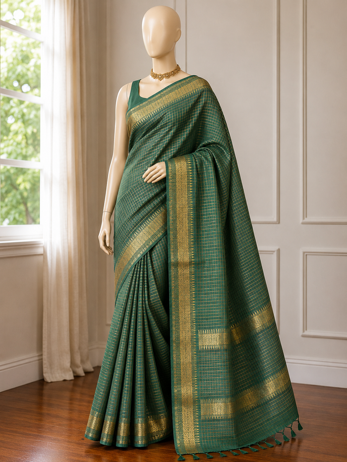 PATAR GAAN- Green cotton silk saree with gold checks & woven temple border comes with blouse piece.