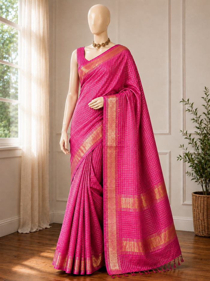 SHONA BOU- Pink cotton silk saree with gold checks & woven temple border comes with blouse piece.