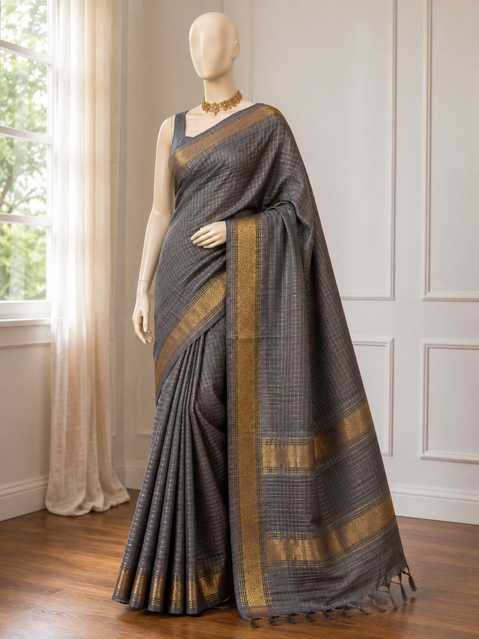 MEGHLA- Bluish grey cotton silk saree with gold checks & woven temple border comes with blouse piece.