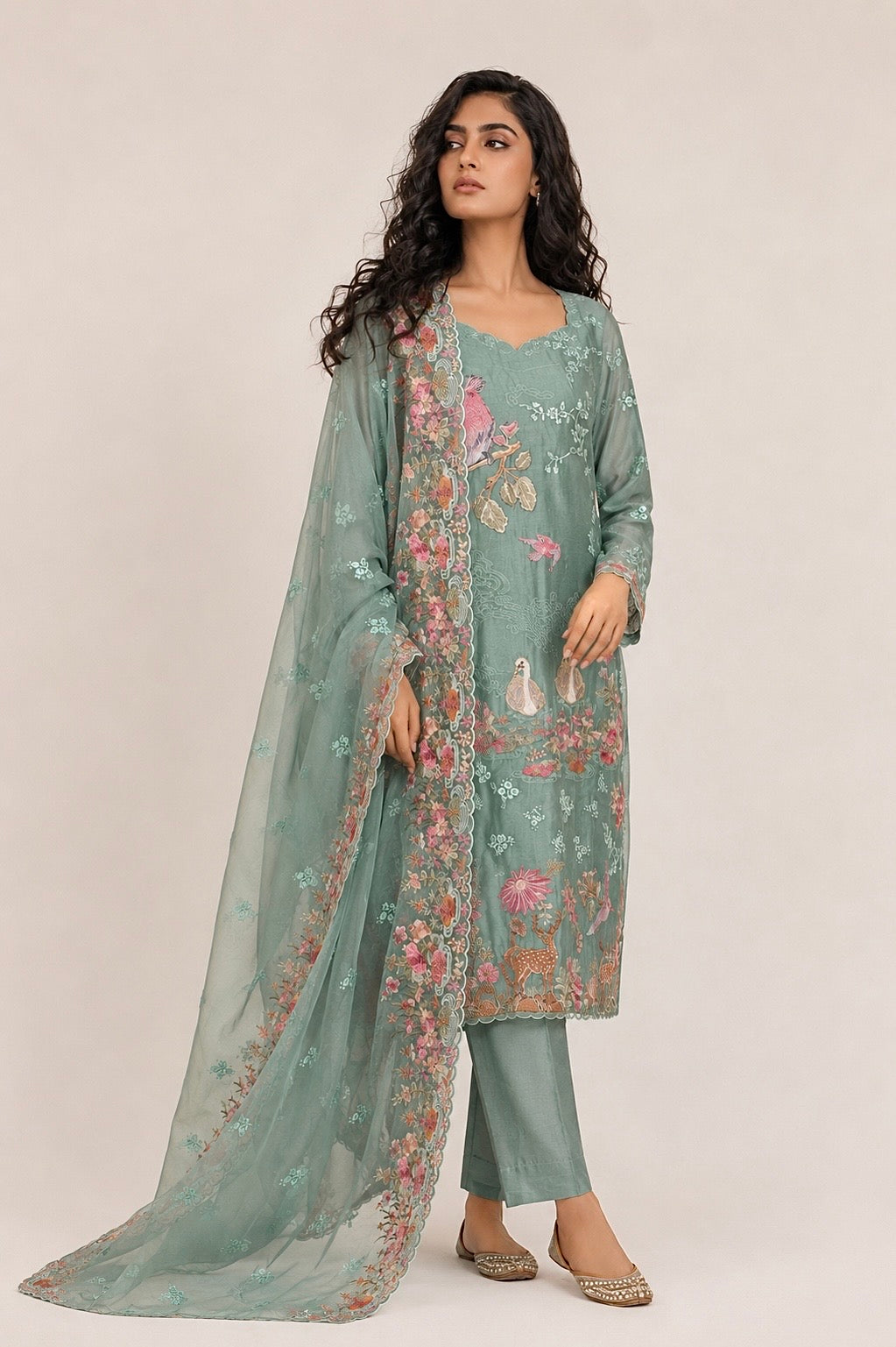 Green Chanderi-3 Piece Suit Set