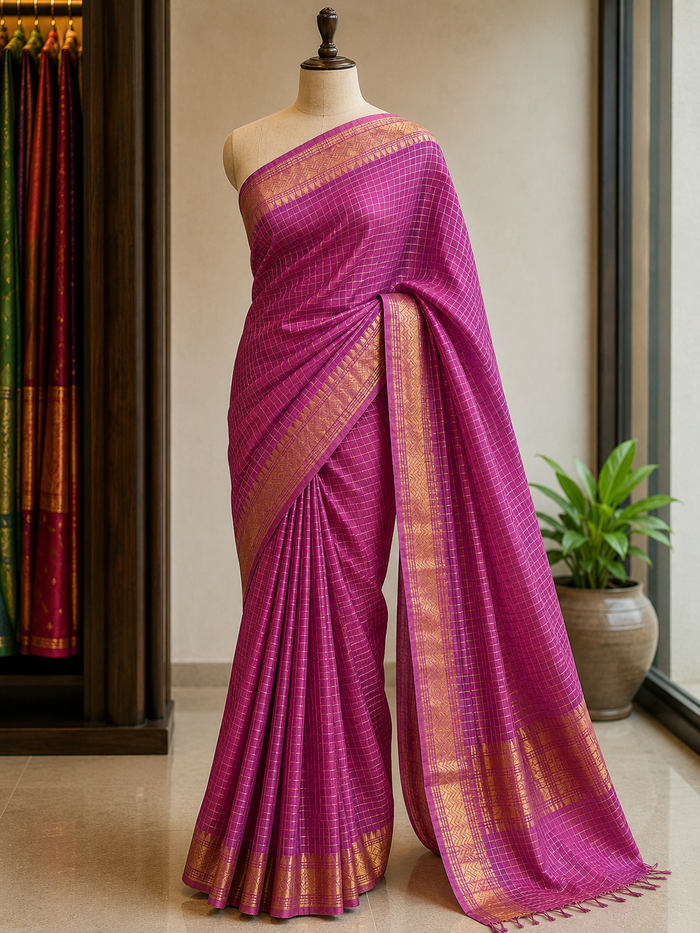 BOSHONTER RONG- Dusty rose cotton silk saree with gold checks & woven temple border comes with blouse piece.