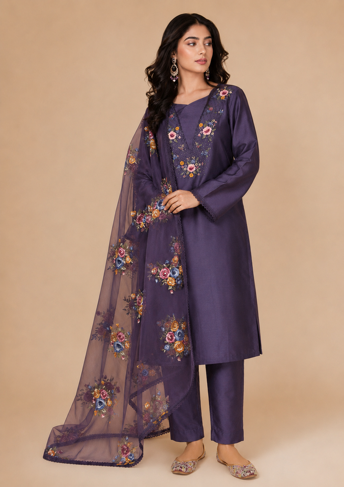 Mauve Petal Mul Chanderi-3 Piece Suit Set