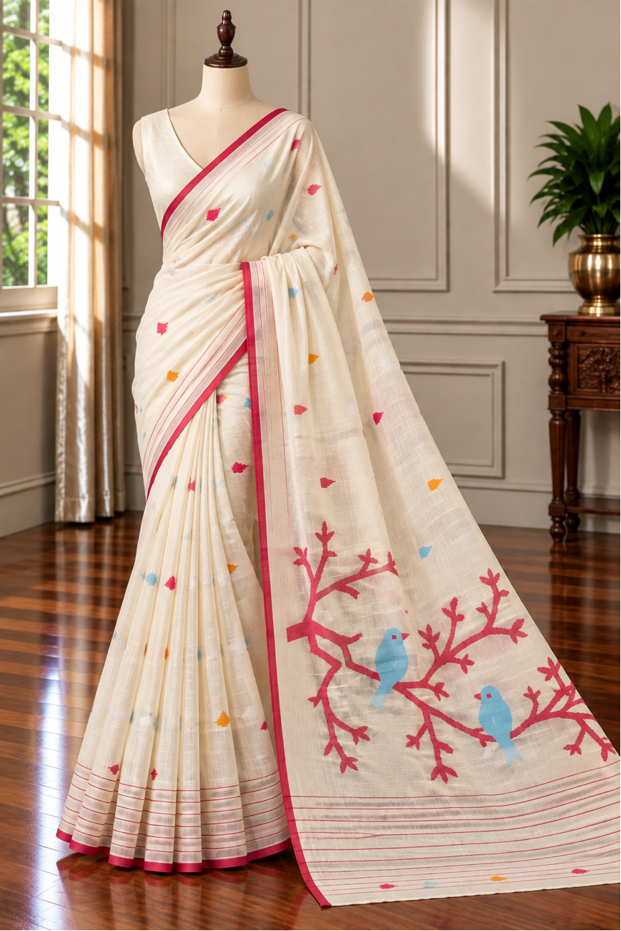 WHITE RED SOFT COTTON- Comes with blouse piece