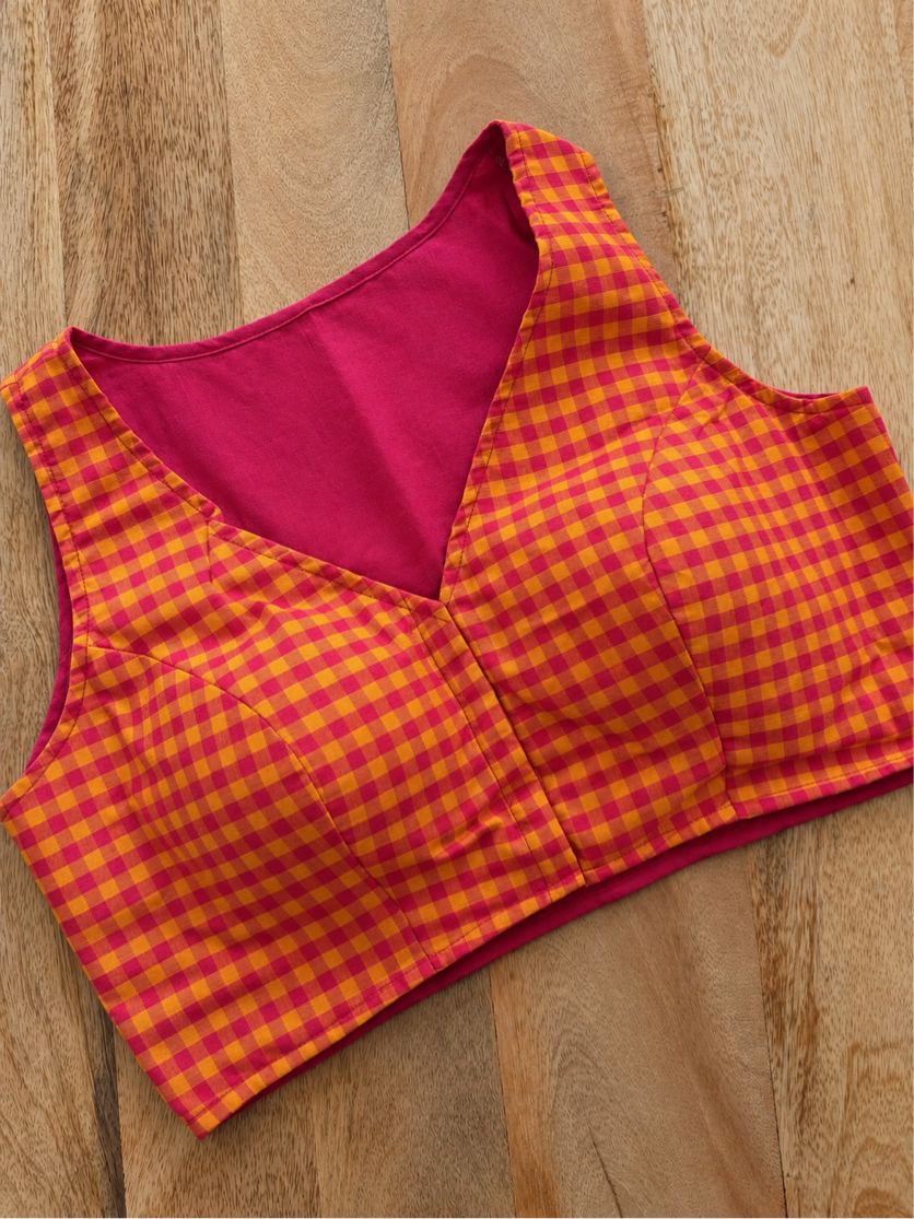 ORANGE AND RED CHECK COTTON BLOUSE