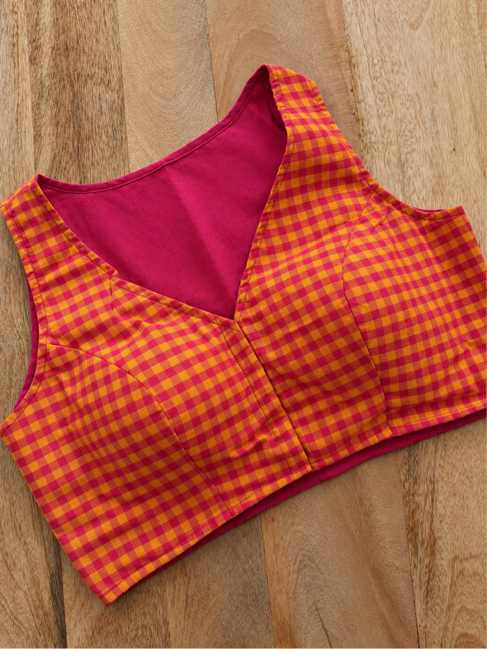 ORANGE AND RED CHECK COTTON BLOUSE