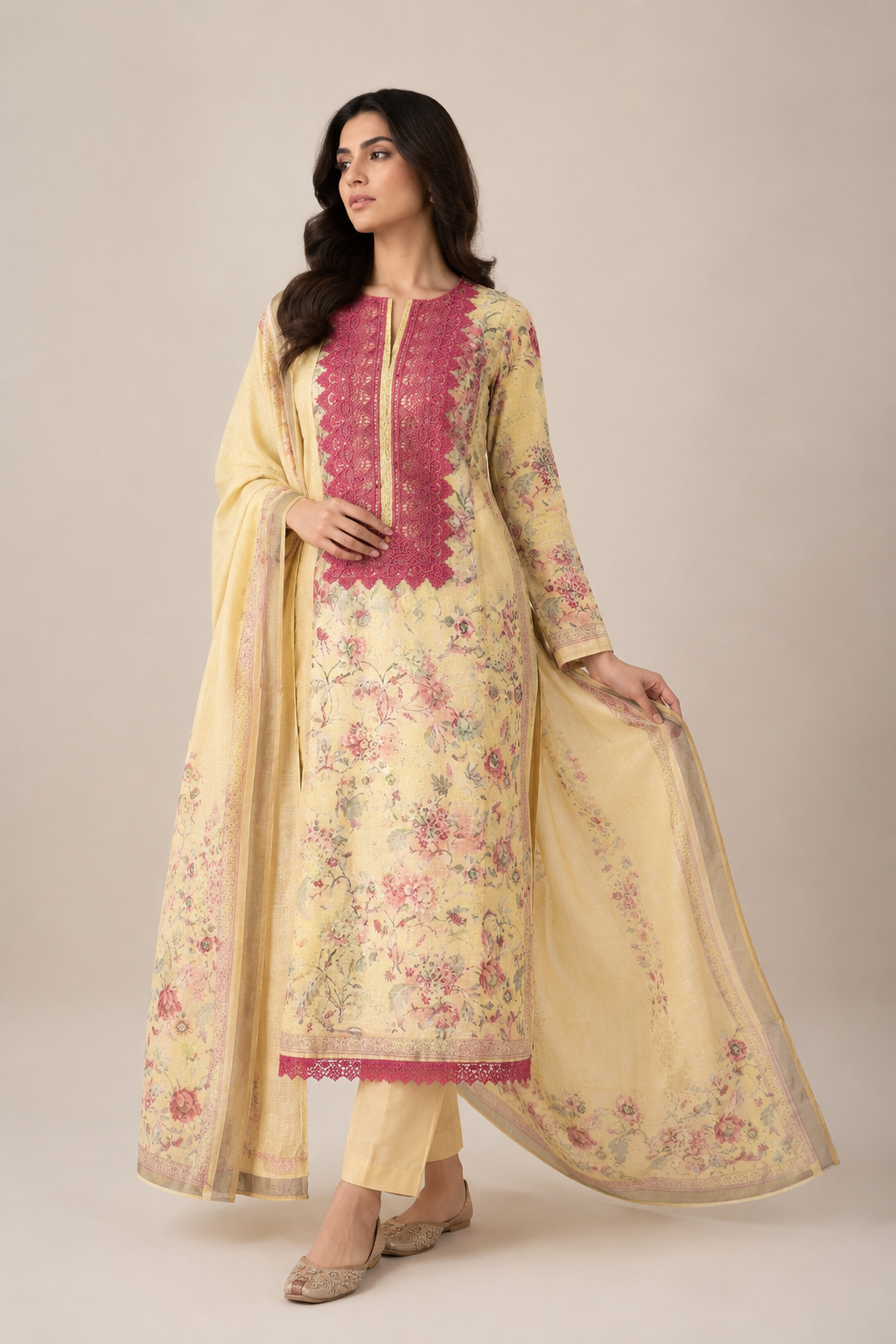 Yellow Floral Lace-3 Piece Suit Set
