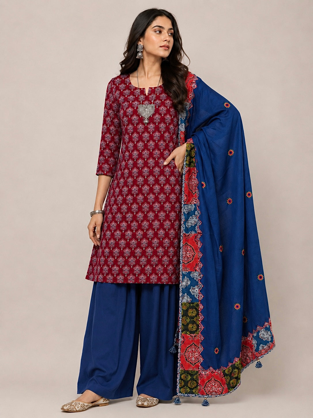 Abhira Blue Pink Patchwork-3 Piece Suit Set