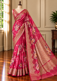 GULAB RANG - Pink digital print with gold zari work comes with blouse piece