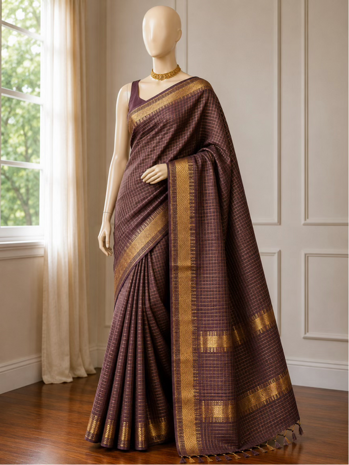 MATI RONG -Brown cotton silk saree with gold checks & woven temple border comes with blouse piece.