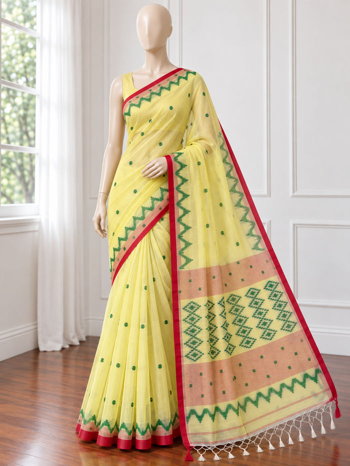 HOLUD PAAR- Light yellow muslin jamdani handwork comes with blouse piece