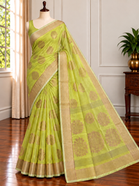 SHOBUJ SWAPNO - Parrot green cotton silk saree with zari work comes with blouse piece.