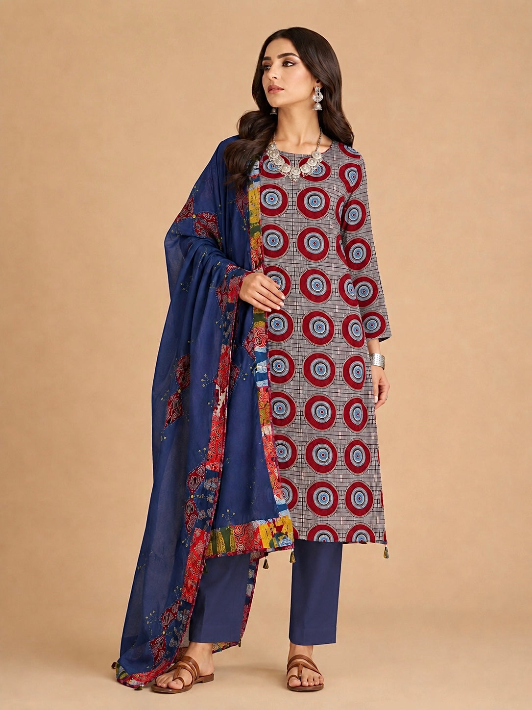 Abhira Blue Patchework-3 Piece Suit Set